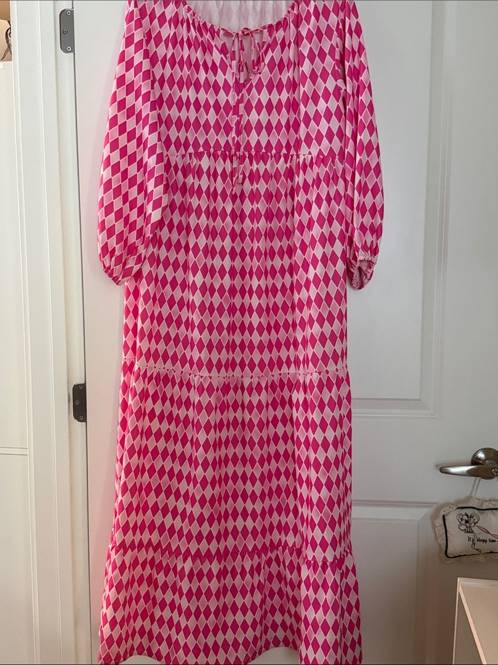Ladies Pink Diamond-Print Tiered Maxi Dress